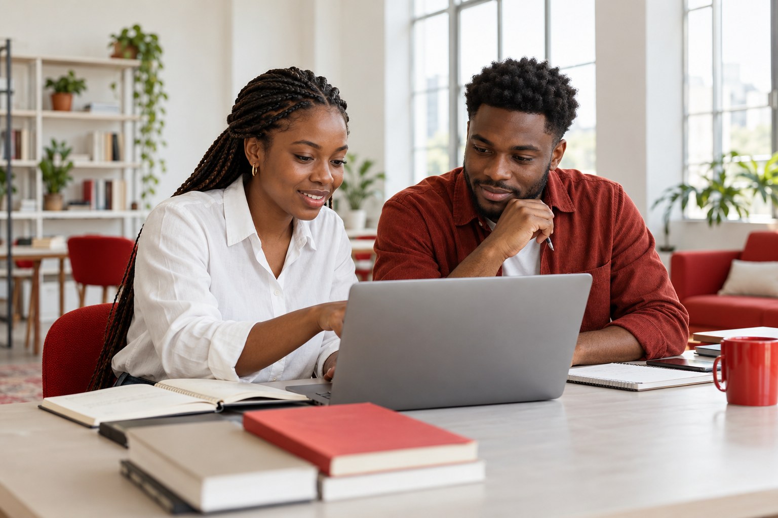 Illustrative visual of African learners collaborating with a laptop