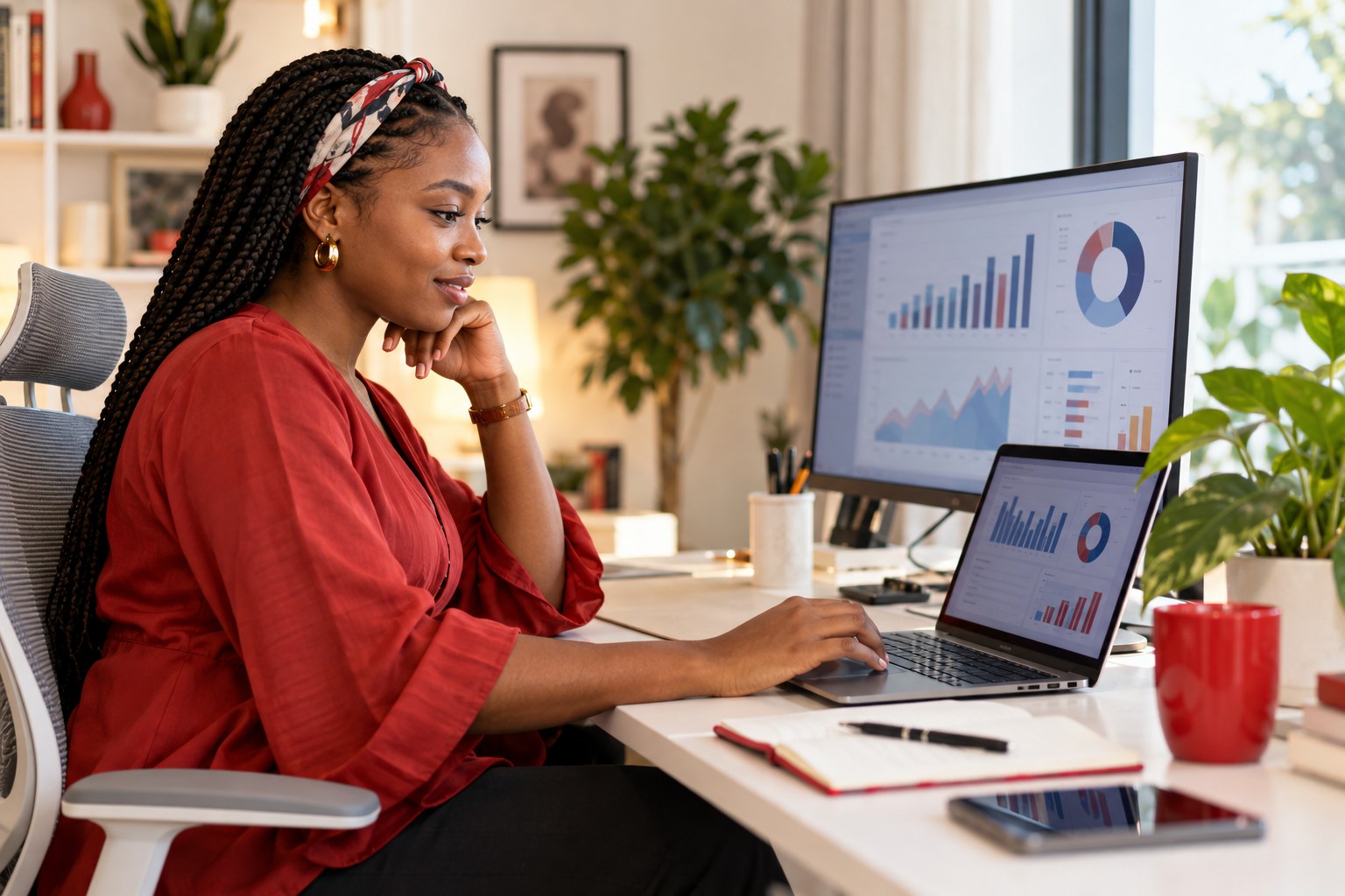 Illustration of an African professional analysing charts at a home workstation