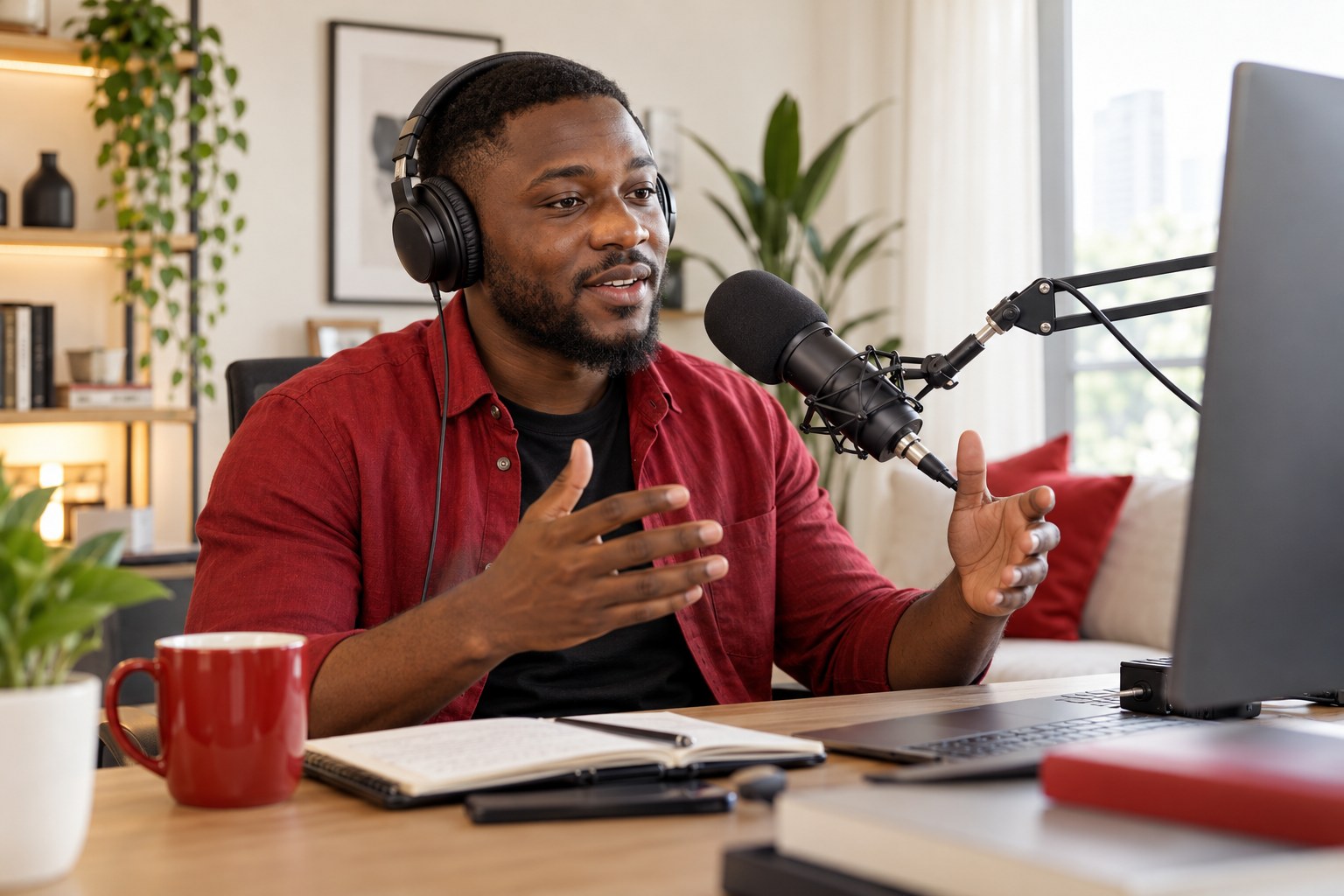 Illustration of an African media professional recording at a home studio