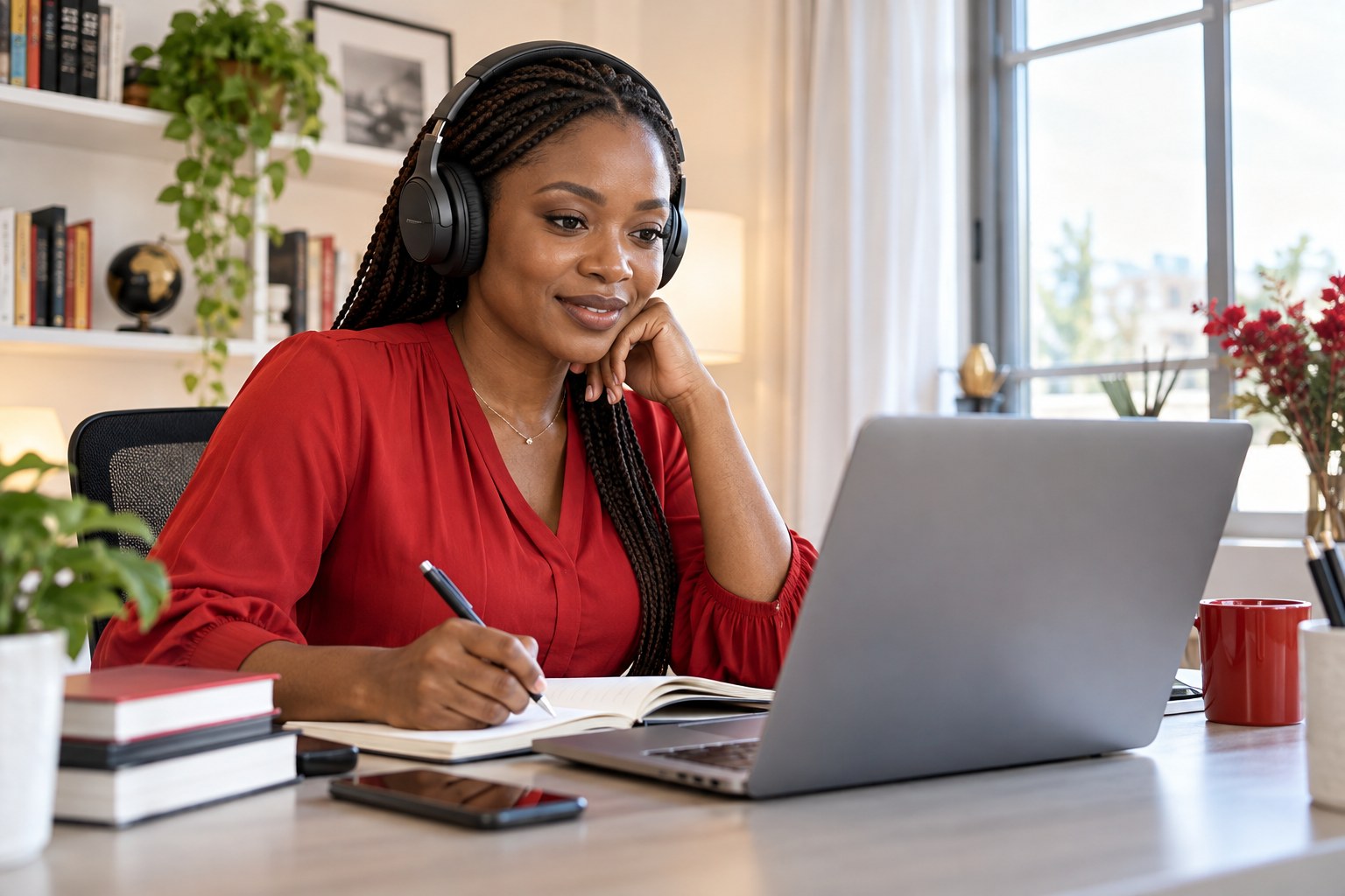 Illustration of an African professional attending an online lesson from home